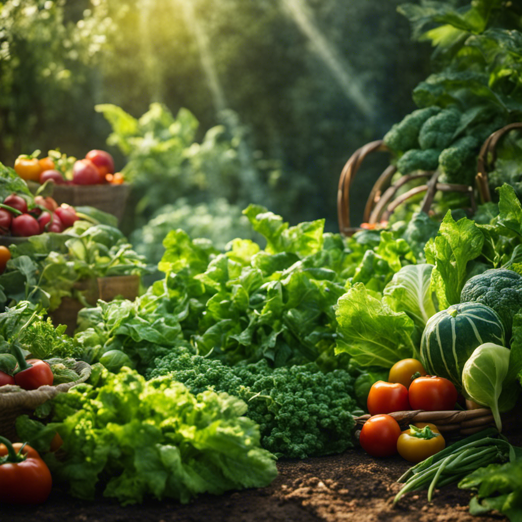 An image of a lush garden bursting with vibrant vegetables, shielded by a fine mist of neem oil spray