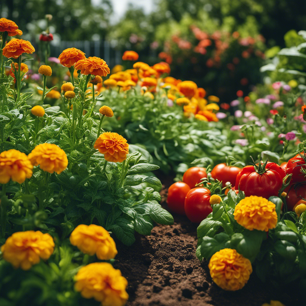 An image showcasing a lush garden bed with a diverse arrangement of companion plants, strategically intermingling marigolds, basil, and tomatoes to repel pests, attract beneficial insects, and safeguard your precious edibles