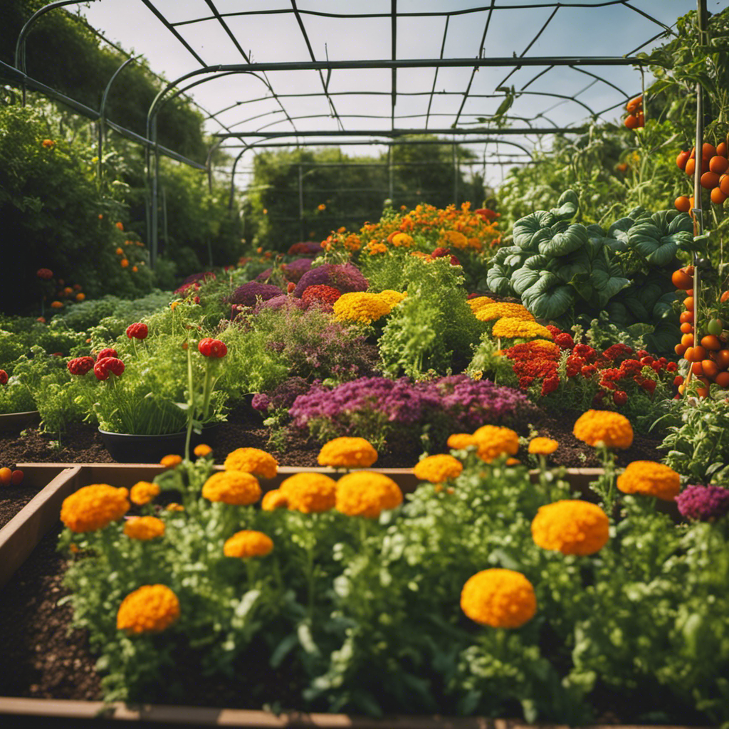 An image showcasing a vibrant garden bed filled with a diverse assortment of companion plants intermingled with vegetables, strategically deterring pests