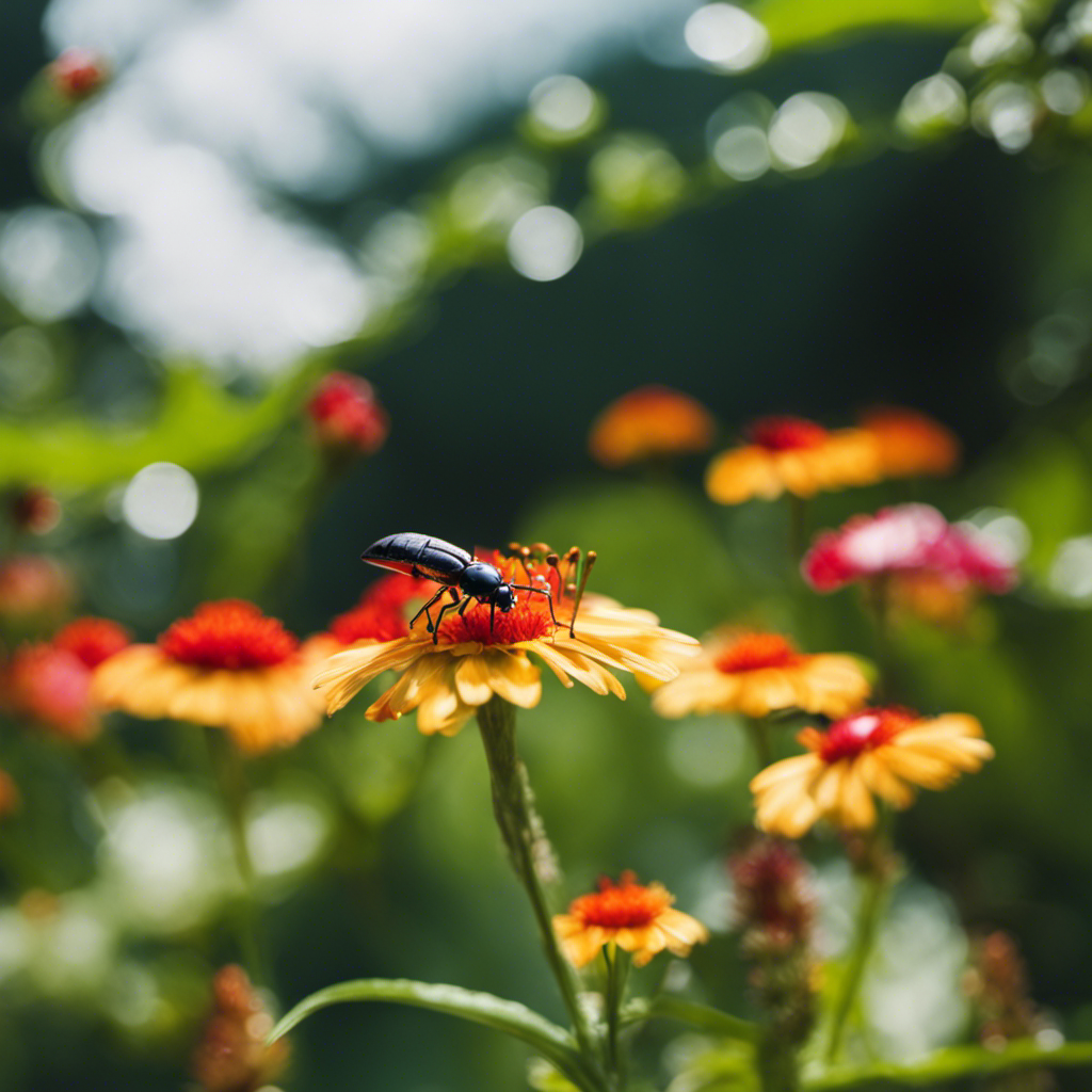 An image showcasing a lush garden with vibrant flowers and an array of beneficial insects, like ladybugs, lacewings, and praying mantises, diligently patrolling the plants, protecting them from harmful pests