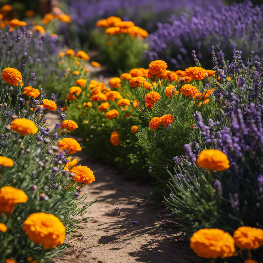 An image of a lush garden surrounded by a protective barrier of marigolds, lavender, and rosemary plants