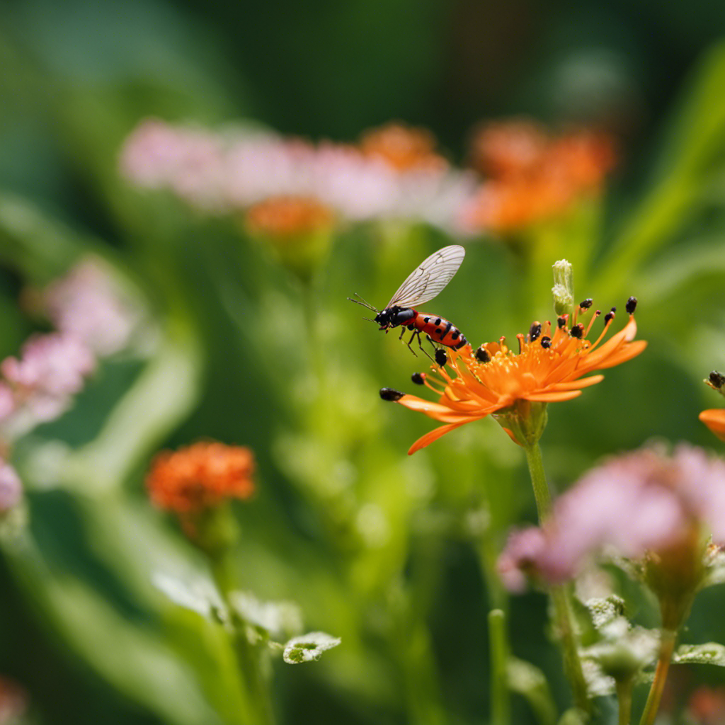 An image showcasing a lush garden teeming with a diverse array of beneficial insects, such as ladybugs, lacewings, and praying mantises, diligently patrolling and safeguarding plants from harmful pests