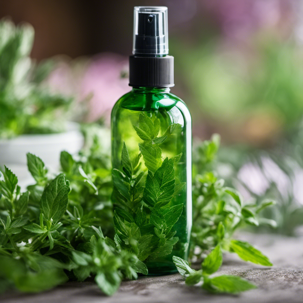 An image showcasing a glass spray bottle filled with a vibrant green homemade pest repellent spray, surrounded by fresh herbs like peppermint and rosemary, evoking a sense of natural efficacy and eco-friendliness