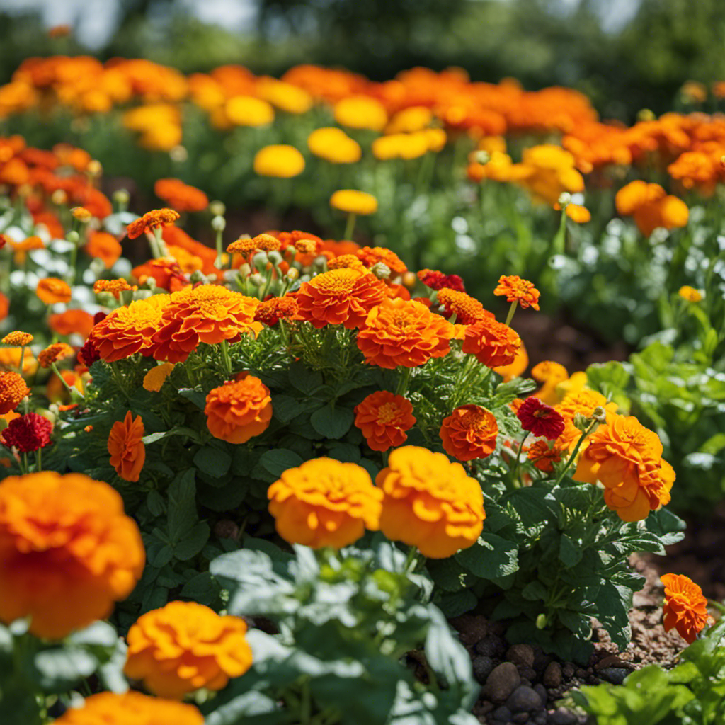 An image showcasing a vibrant, diverse garden bed with strategic plant pairings: marigolds to deter aphids, basil to repel mosquitoes, and nasturtiums to ward off whiteflies