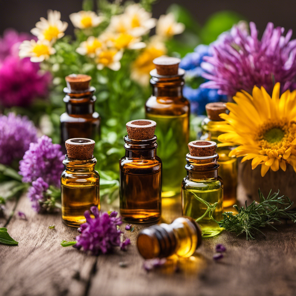 An image that showcases a variety of vibrant and aromatic essential oils, neatly arranged in small glass bottles, surrounded by fresh herbs and colorful flowers, symbolizing the power of organic pest control