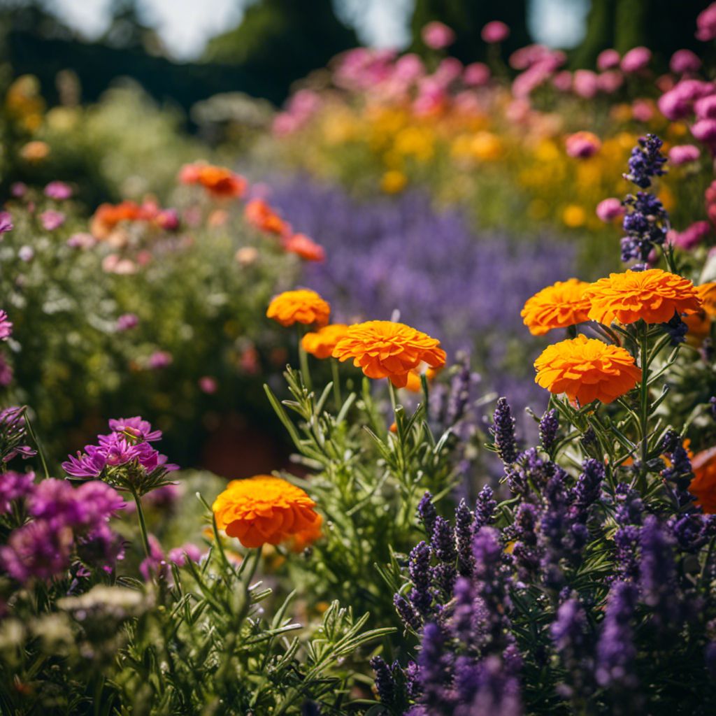 An image showcasing a lush garden teeming with vibrant flowers and herbs, surrounded by a protective barrier of marigolds, lavender, and rosemary